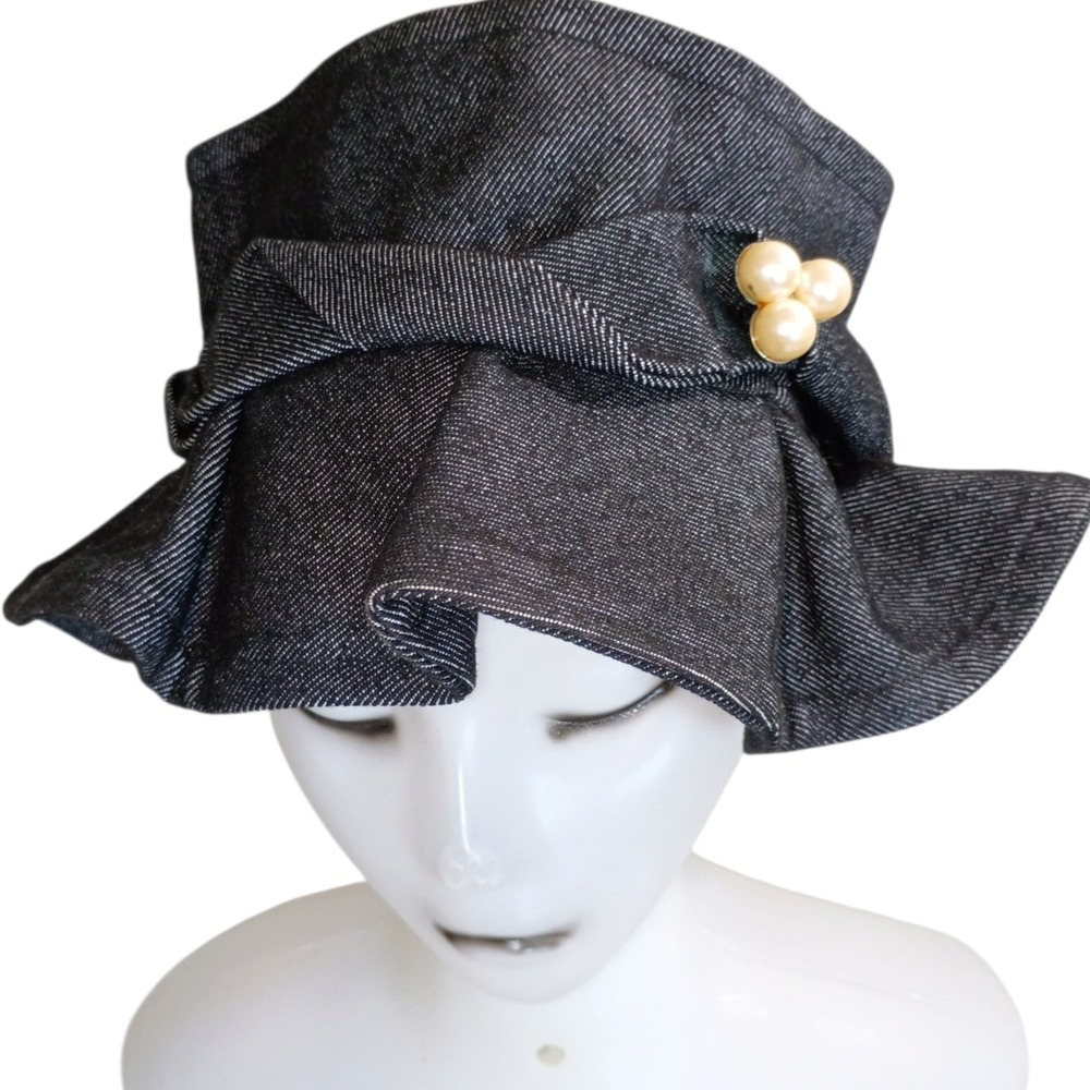 Handmade African Denim Sculptural Hat Pearl Accent Asymmetrical Brim Auto Gele
